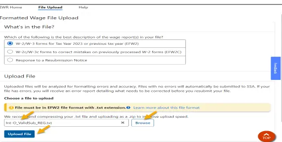 example of submitting a file on the SSA website